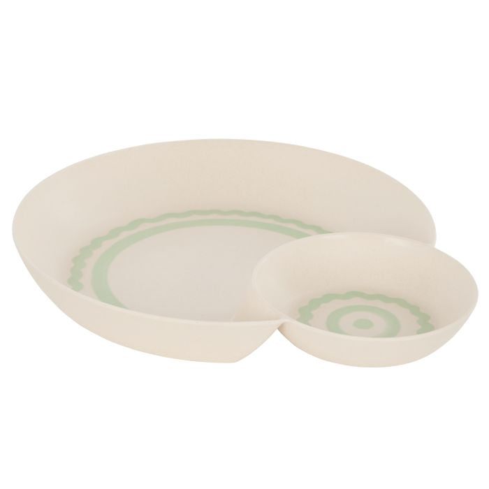 DAVIS & WADDELL SALTARA BAMBOO FIBRE ROUND CHIP & DIP PLATTER DARK GREEN & MINT GREEN 37.8X32X5.1CM