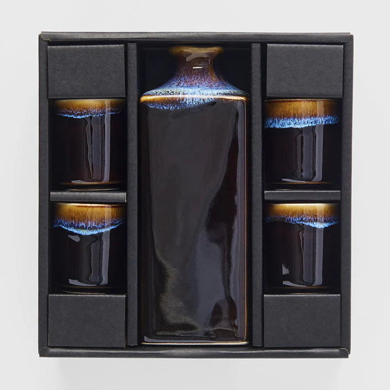 Sake Set 5pcs Tenmokku With Bright Blue Glaze