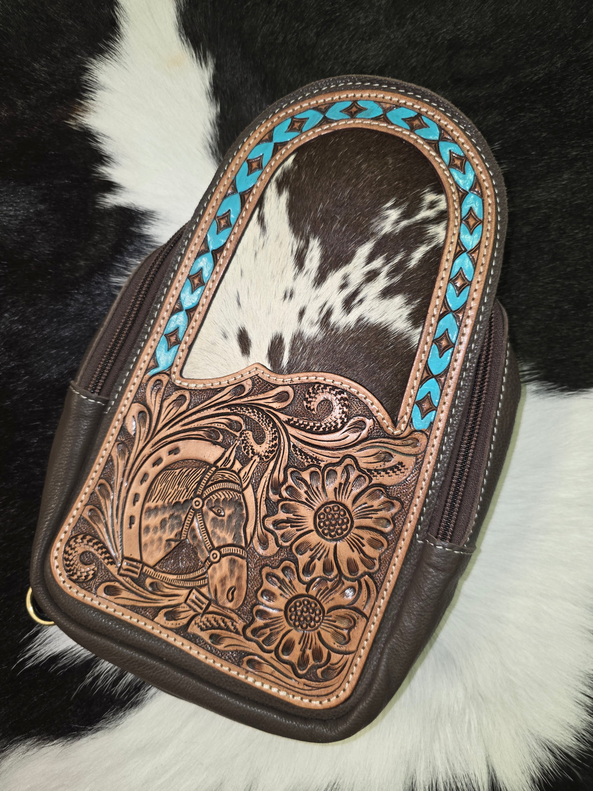 Tooling Leather Cowhide Knapsack with Horse Motif and Turq Paint Highlight- AT63 – Pucon