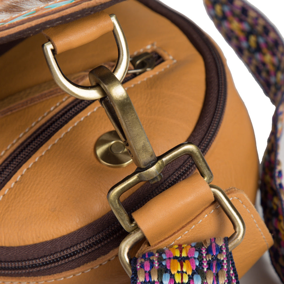 Tooling Leather Cowhide Knapsack with Horse Motif and Turq Paint Highlight- AT63 – Pucon