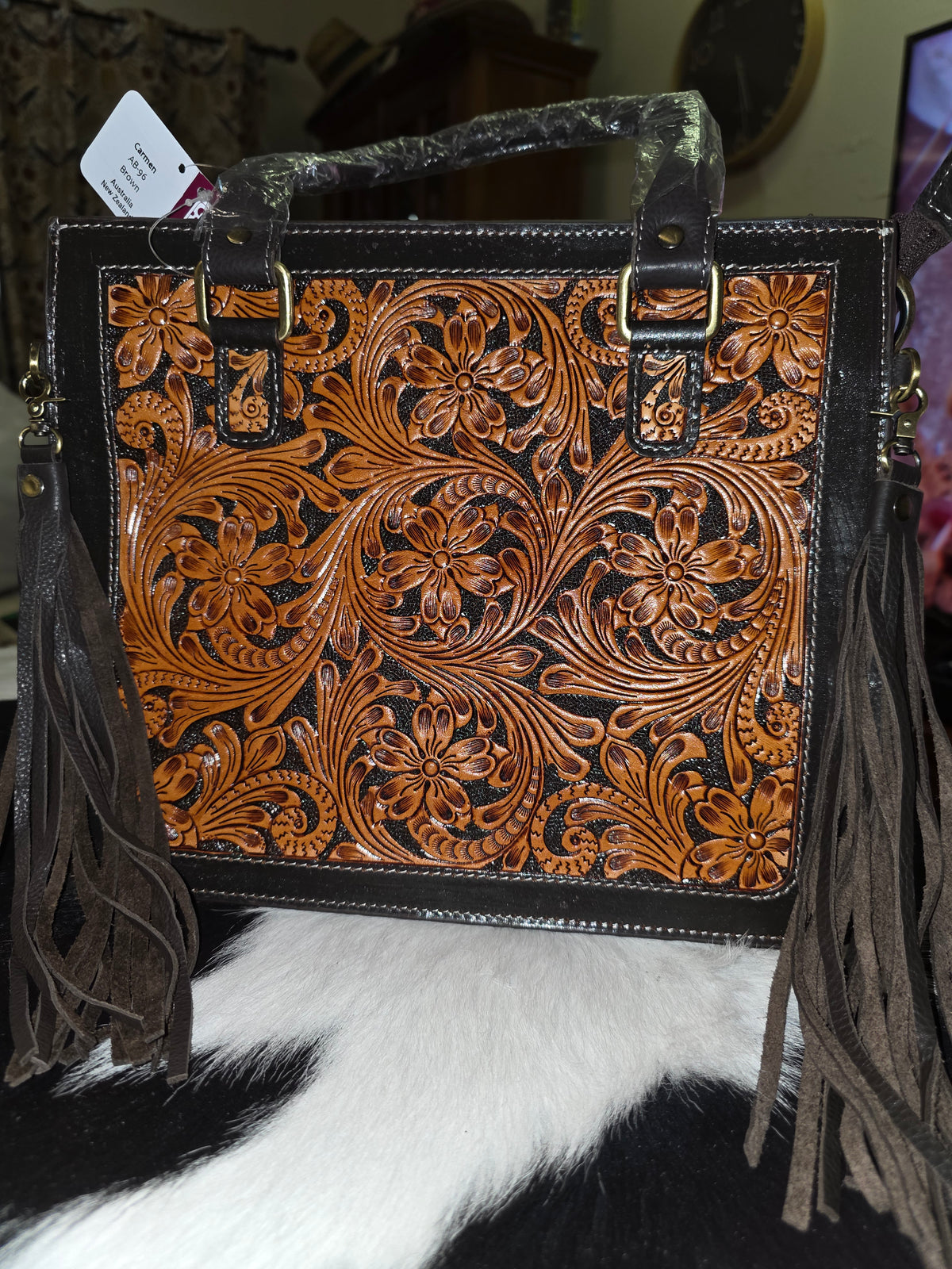 Two Tone Hand Tooled Leather Tote Bag – AB96 – Carmen