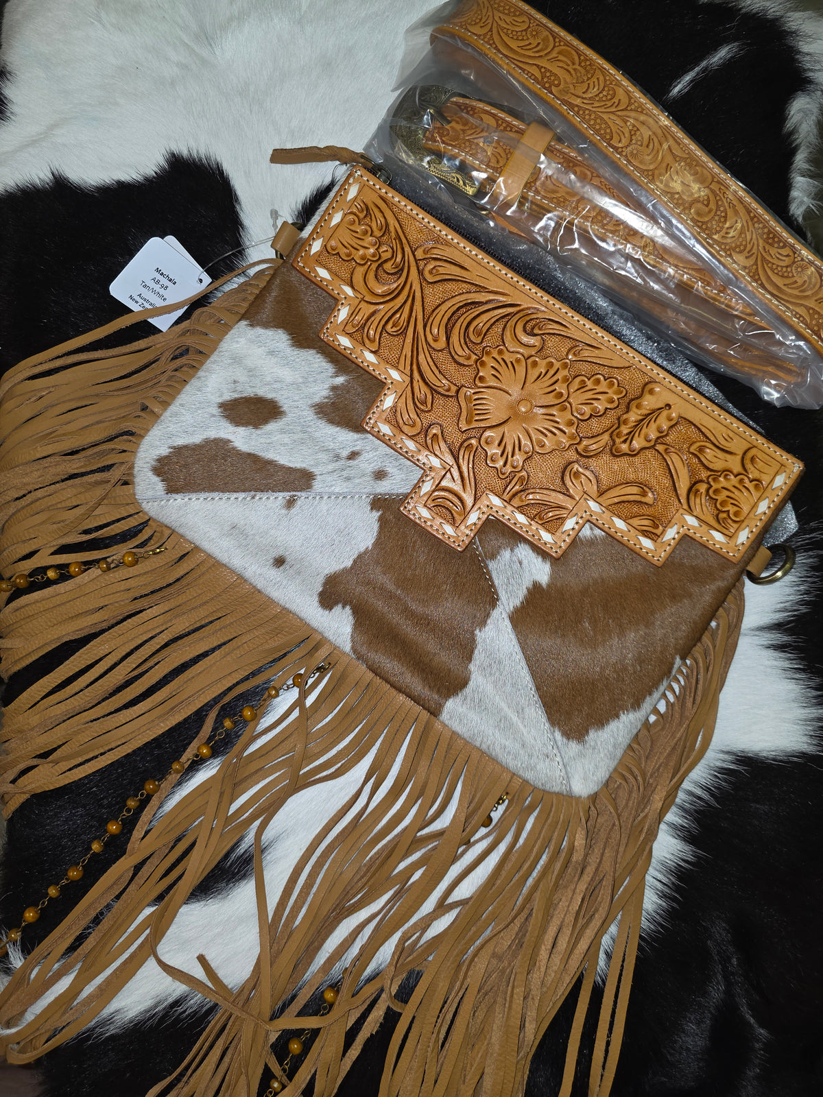 Tooling Leather Cowhide Sling Bag with Fringes and Buckstitch – AB98 – Machala