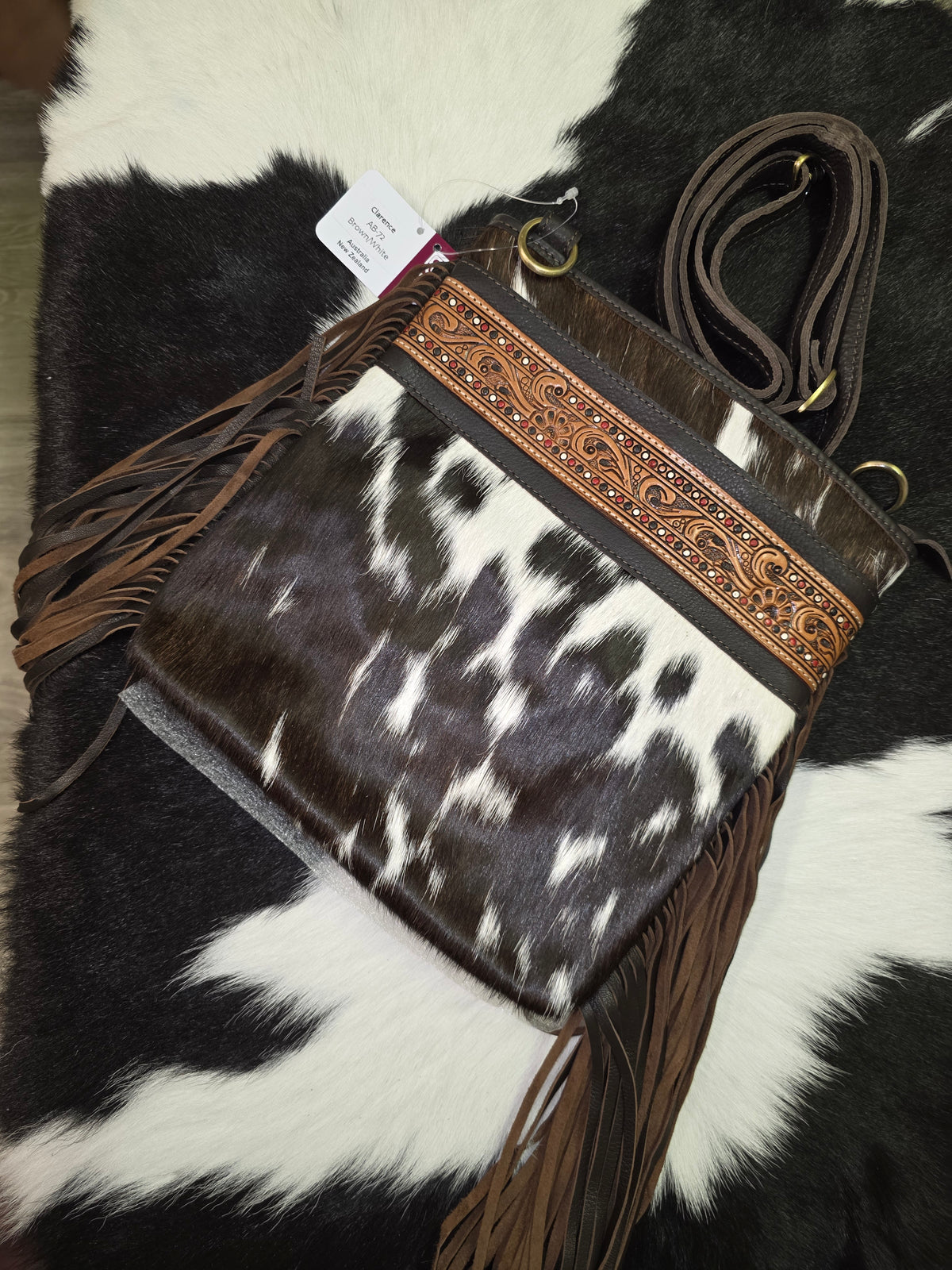 Hand Painted Tooling Leather Medium Sling Cowhide Bag With Fringes – Clarence